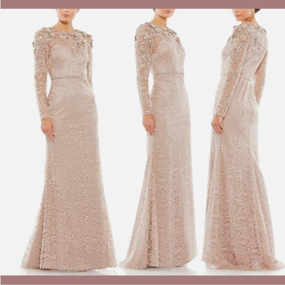NWT $898 Mac Duggal [ 10 ] Long Sleeve High Neck Embroidered Gown Nude #Q673‎ - Picture 1 of 16